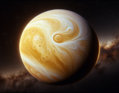 image of planet Venus as seen from space, depicted in a realistic and detailed manner, with its thick, swirling cloud cover and a backdrop of the vast cosmos.