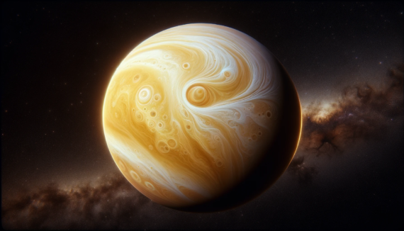 image of planet Venus as seen from space, depicted in a realistic and detailed manner, with its thick, swirling cloud cover and a backdrop of the vast cosmos.