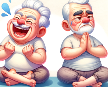 two funny-looking senior cartoon characters doing yoga. The first character is depicted laughing hard in a comical pose, while the second character looks on seriously and curiously, puzzled by his friend's laughter. The playful scene is captured in bright, cheerful watercolor tones.