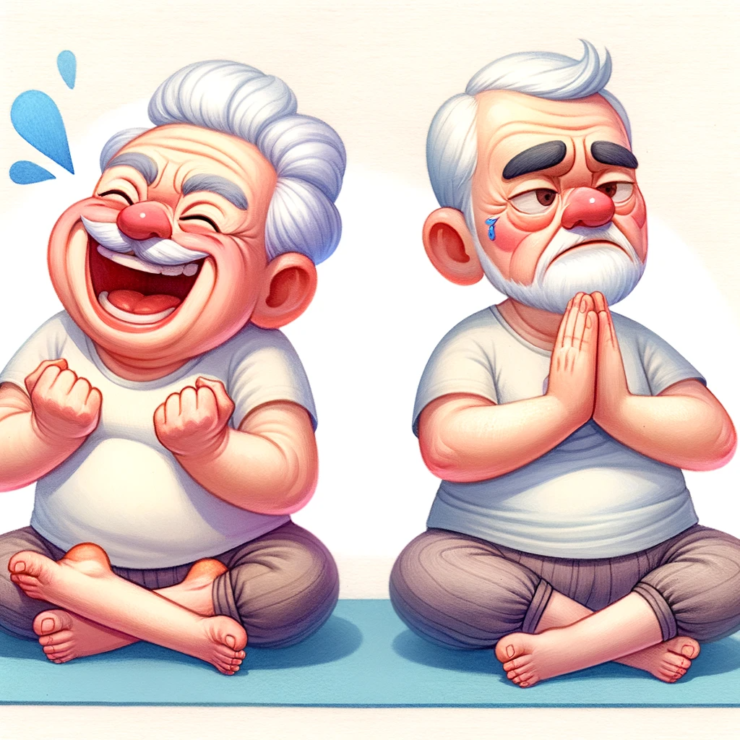 two funny-looking senior cartoon characters doing yoga. The first character is depicted laughing hard in a comical pose, while the second character looks on seriously and curiously, puzzled by his friend's laughter. The playful scene is captured in bright, cheerful watercolor tones.