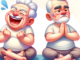 two funny-looking senior cartoon characters doing yoga. The first character is depicted laughing hard in a comical pose, while the second character looks on seriously and curiously, puzzled by his friend's laughter. The playful scene is captured in bright, cheerful watercolor tones.