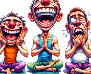 three funny-looking characters doing laughter yoga. The playful and joyous atmosphere is captured with vibrant watercolor ink, showcasing each character in a unique, humorous yoga pose, filled with laughter and amusement.