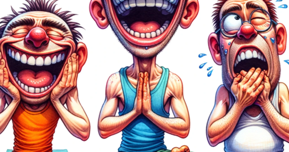 three funny-looking characters doing laughter yoga. The playful and joyous atmosphere is captured with vibrant watercolor ink, showcasing each character in a unique, humorous yoga pose, filled with laughter and amusement.