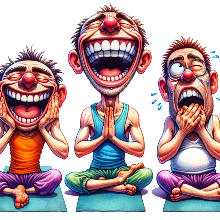 three funny-looking characters doing laughter yoga. The playful and joyous atmosphere is captured with vibrant watercolor ink, showcasing each character in a unique, humorous yoga pose, filled with laughter and amusement.