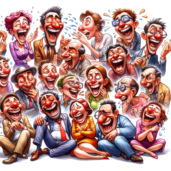 a group of funny-looking characters talking and laughing hard with one another. Each character is uniquely designed with exaggerated and humorous features, all depicted in bright, expressive watercolor ink on a white background, creating a playful and joyous atmosphere.