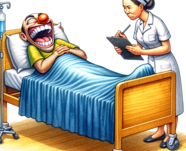 a funny-looking character lying in a hospital bed as a patient, laughing hard, with a nurse standing beside him looking puzzled. The vibrant and humorous scene is captured in bright, expressive watercolor paint on a white background.