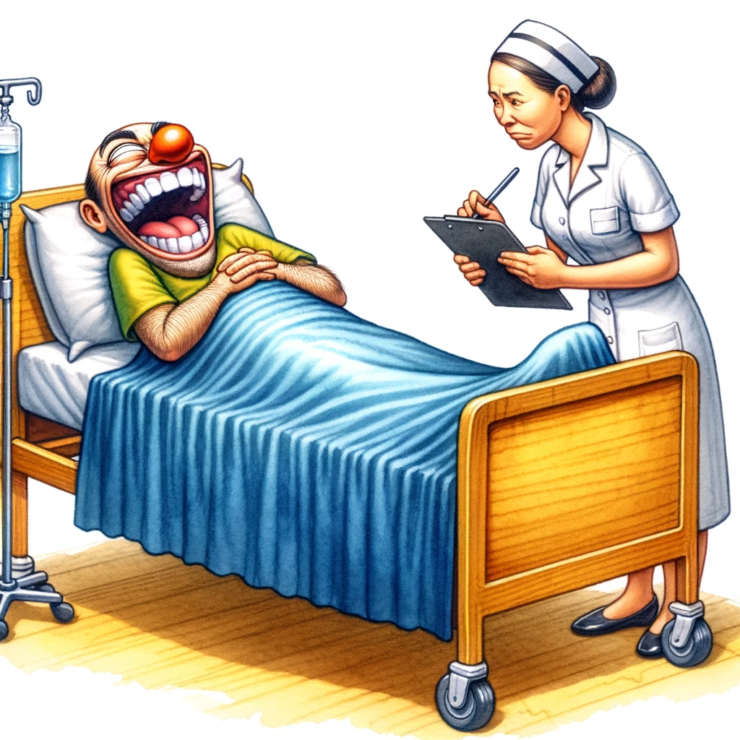 a funny-looking character lying in a hospital bed as a patient, laughing hard, with a nurse standing beside him looking puzzled. The vibrant and humorous scene is captured in bright, expressive watercolor paint on a white background.