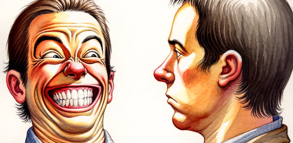 two funny-looking characters are looking at one another. The first character is showing a fake laugh, while the second character, directly facing the first, looks unaffected. The playful and humorous scene is captured in vibrant watercolor paint on a white background, highlighting the amusing contrast between the two characters.